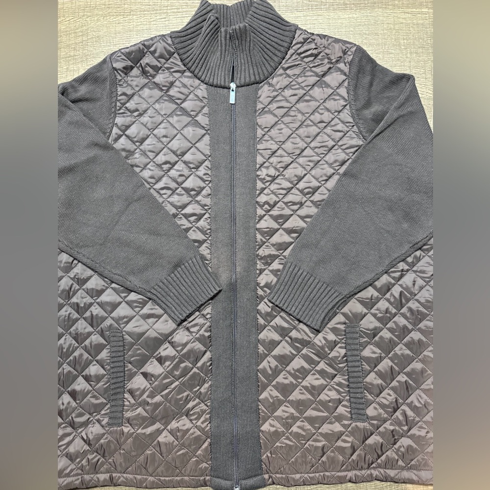 Denim & Co. Womens Quilted Woven-Front Sweater Jacket Solid Brown 3x Plus Size